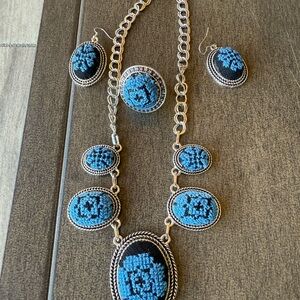 Elegant Silver and Blue Embroidered Necklace Set